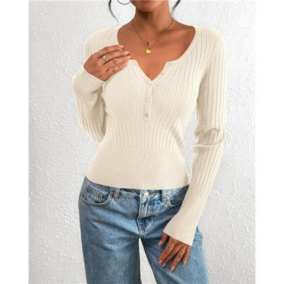 Womens Henley Long Sleeve Shirt Slim Fit Button Up Fall Lightweight Sweater - Picture 5 of 7